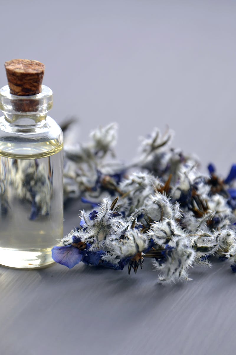 Close-up of a lavender oil bottle with dried flowers for aromatherapy. Perfect for wellness themes.